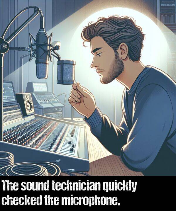quickly: The sound technician quickly checked the microphone.