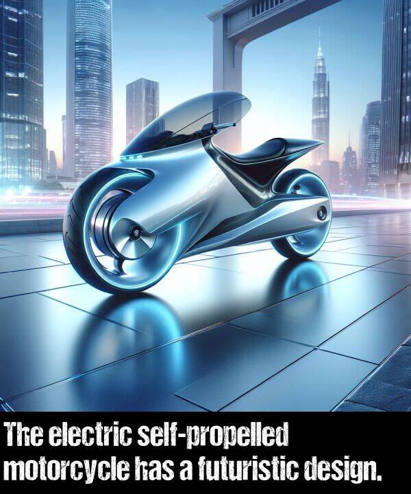 electric: The electric self-propelled motorcycle has a futuristic design.