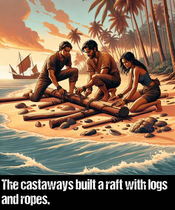 built: The castaways built a raft with logs and ropes.