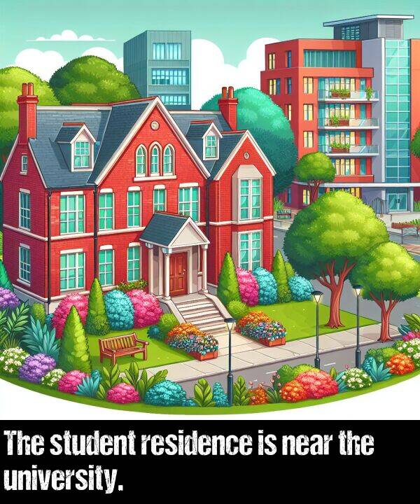 near: The student residence is near the university.