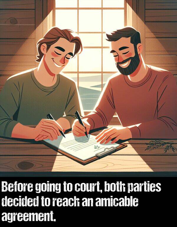 reach: Before going to court, both parties decided to reach an amicable agreement.