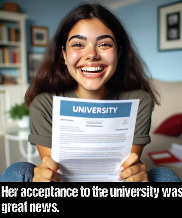 news: Her acceptance to the university was great news.