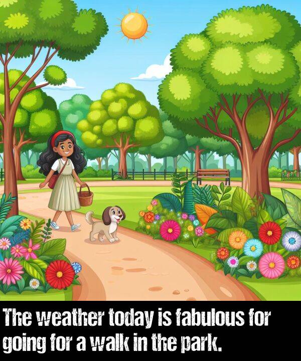 weather: The weather today is fabulous for going for a walk in the park.
