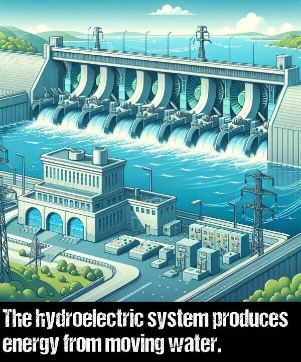 produces: The hydroelectric system produces energy from moving water.