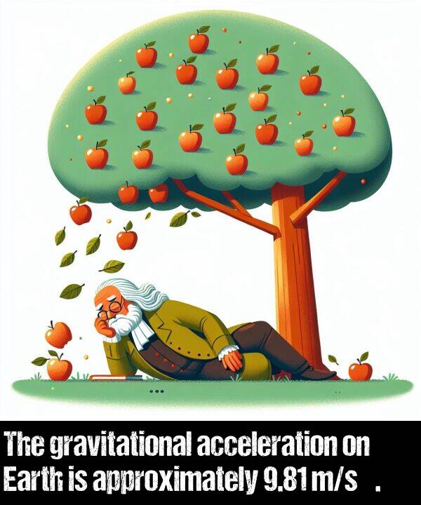 acceleration: The gravitational acceleration on Earth is approximately 9.81 m/s².