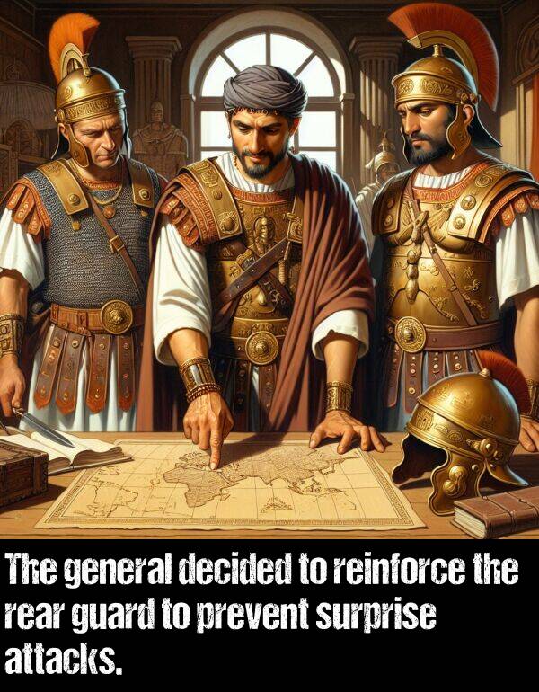 general: The general decided to reinforce the rear guard to prevent surprise attacks.