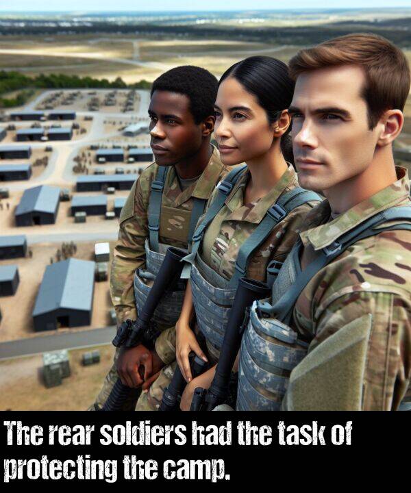 task: The rear soldiers had the task of protecting the camp.
