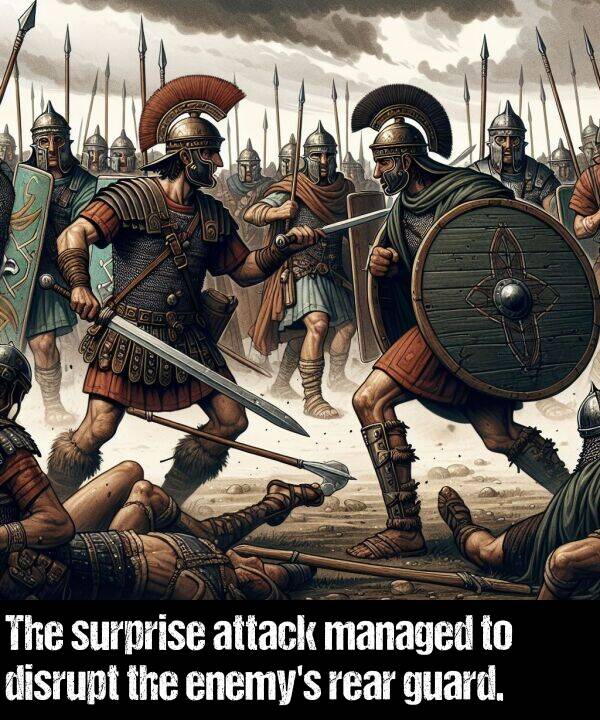 managed: The surprise attack managed to disrupt the enemy's rear guard.