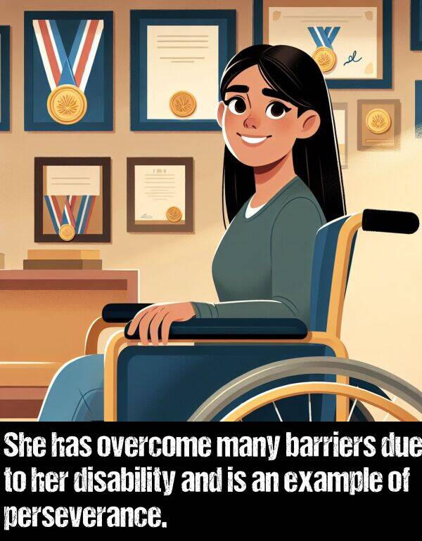 overcome: She has overcome many barriers due to her disability and is an example of perseverance.