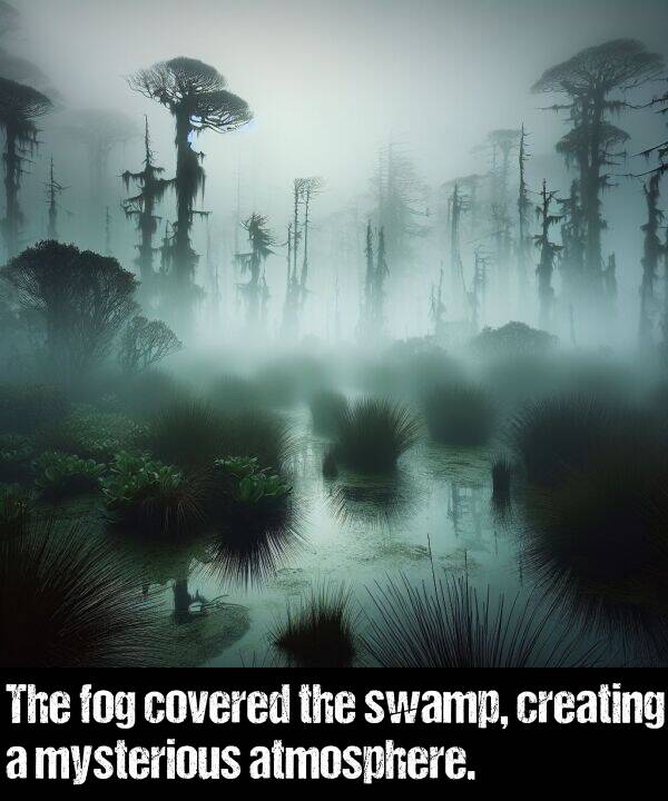 mysterious: The fog covered the swamp, creating a mysterious atmosphere.