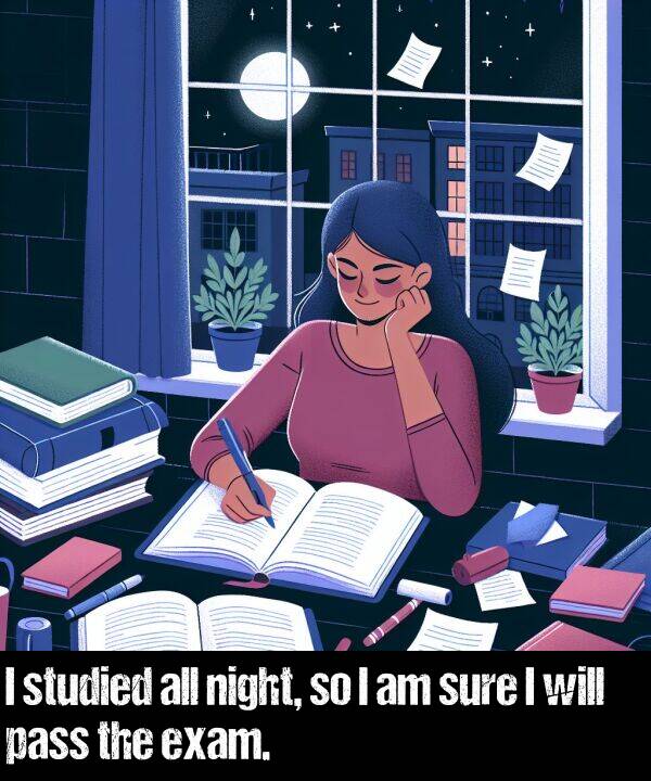 pass: I studied all night, so I am sure I will pass the exam.