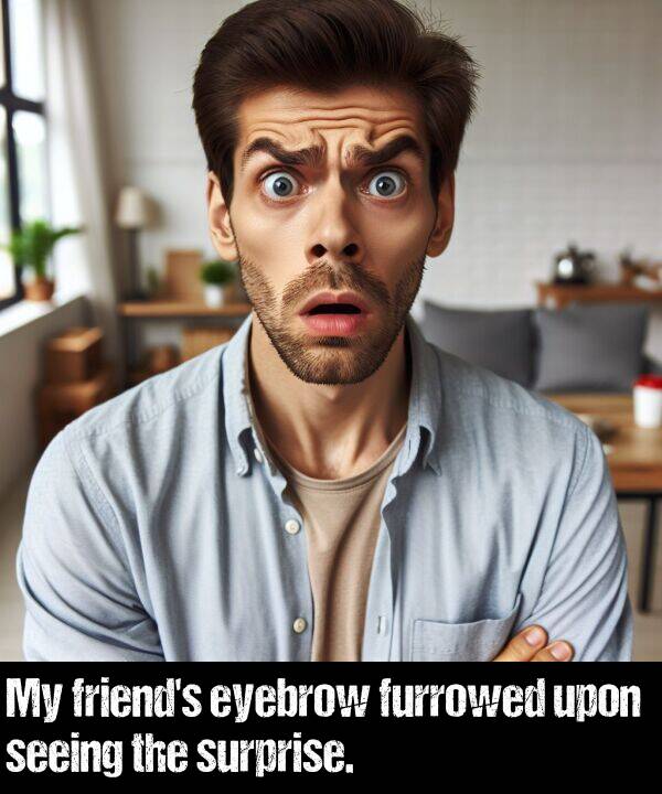 upon: My friend's eyebrow furrowed upon seeing the surprise.