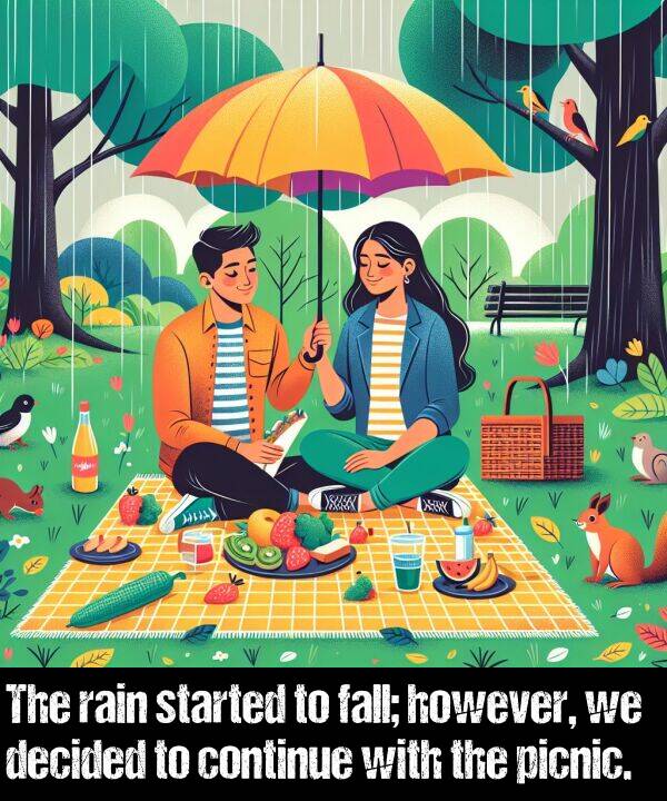 however: The rain started to fall; however, we decided to continue with the picnic.