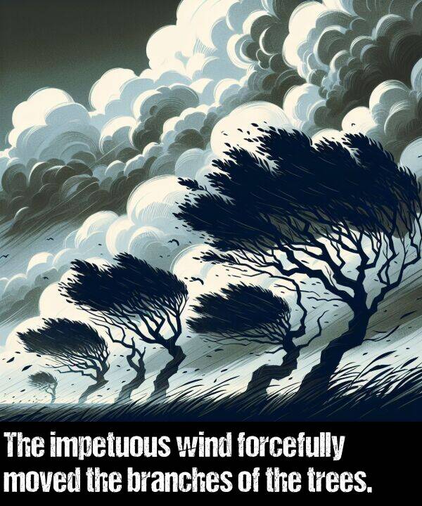 impetuous: The impetuous wind forcefully moved the branches of the trees.