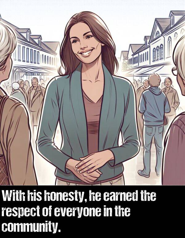 respect: With his honesty, he earned the respect of everyone in the community.