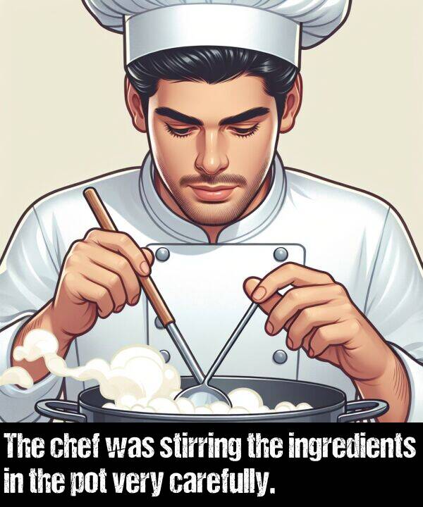 carefully: The chef was stirring the ingredients in the pot very carefully.