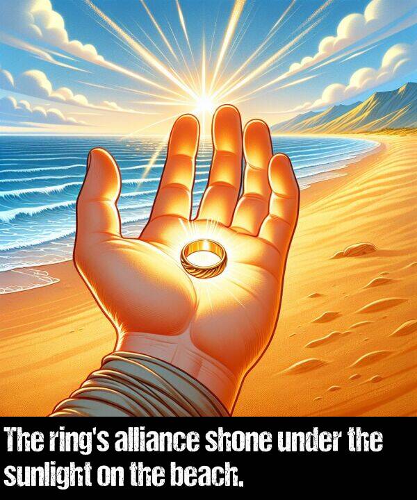 beach: The ring's alliance shone under the sunlight on the beach.