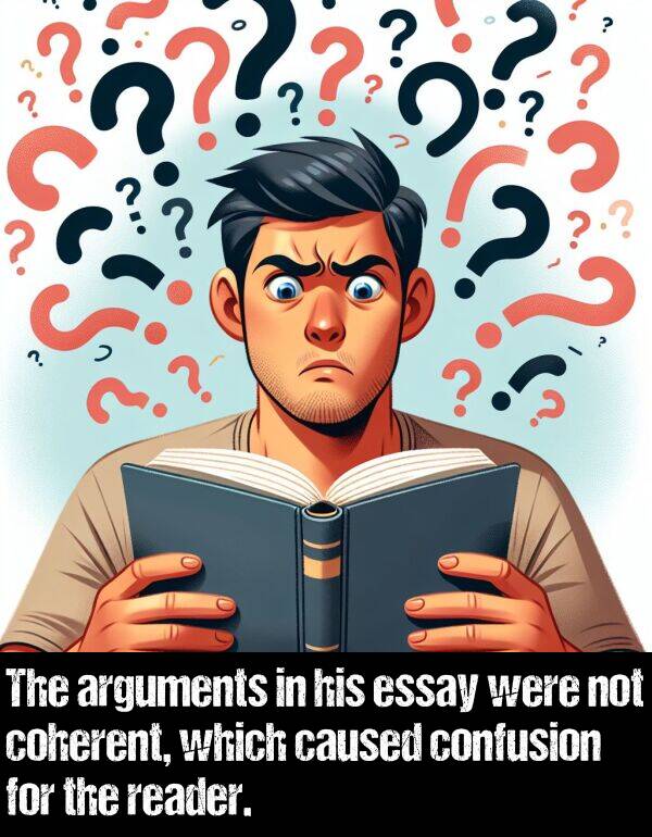 which: The arguments in his essay were not coherent, which caused confusion for the reader.
