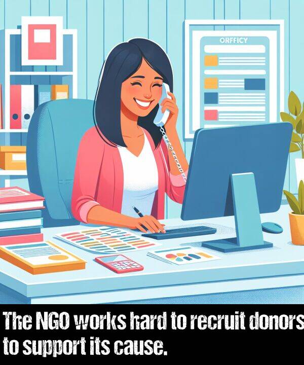 hard: The NGO works hard to recruit donors to support its cause.