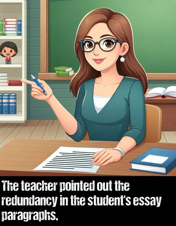 teacher: The teacher pointed out the redundancy in the student's essay paragraphs.