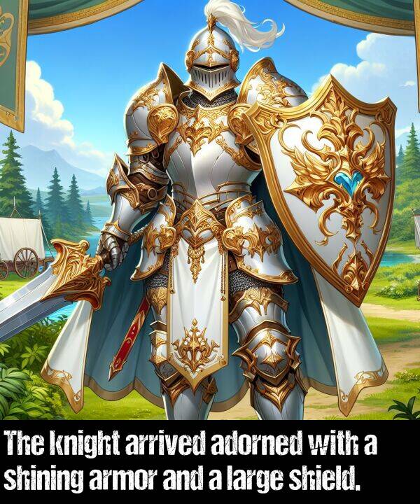 large: The knight arrived adorned with a shining armor and a large shield.