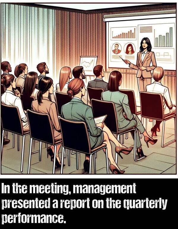management: In the meeting, management presented a report on the quarterly performance.