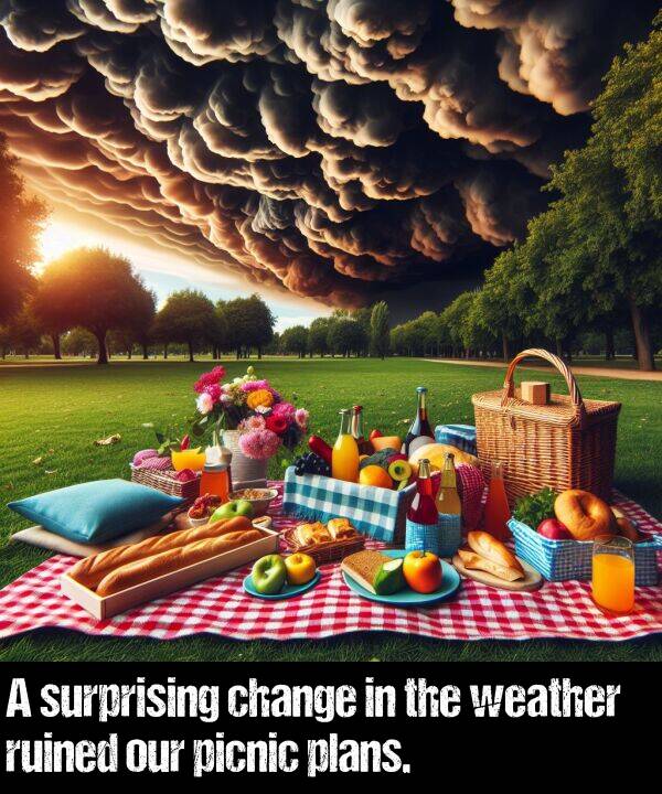 weather: A surprising change in the weather ruined our picnic plans.