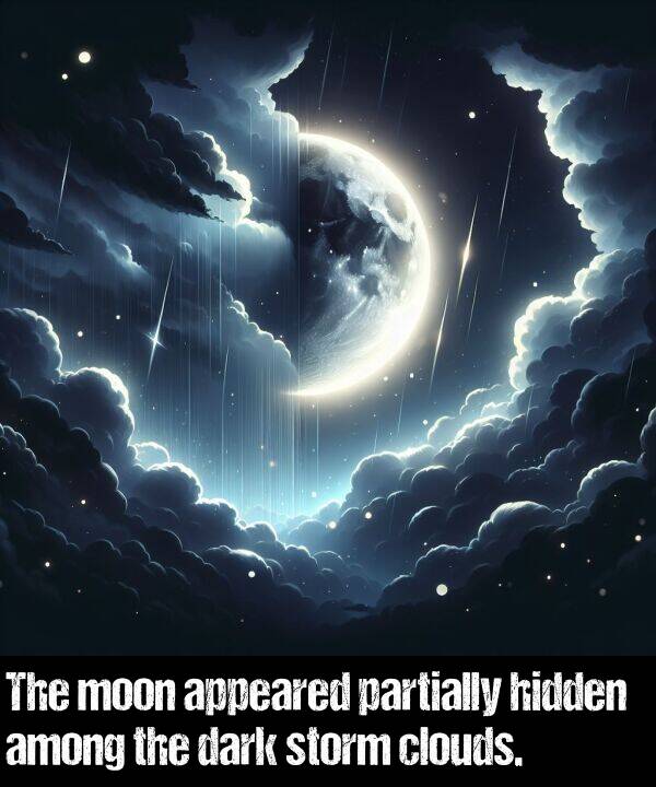 partially: The moon appeared partially hidden among the dark storm clouds.