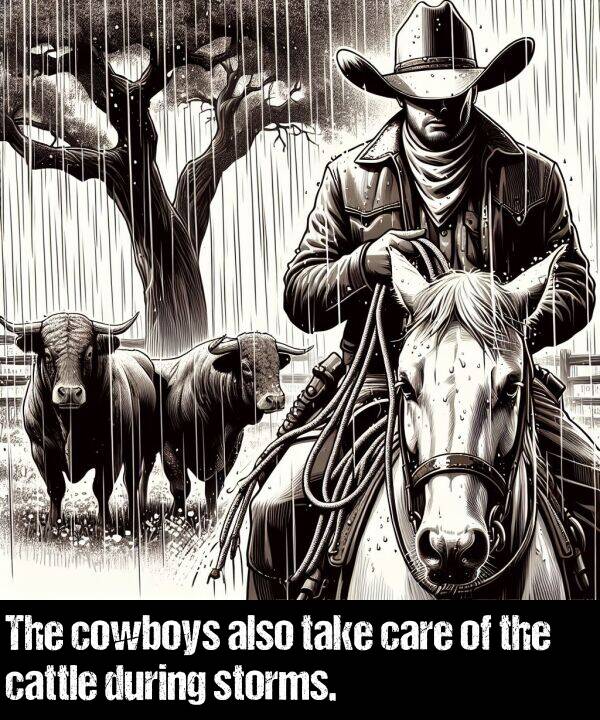 take: The cowboys also take care of the cattle during storms.