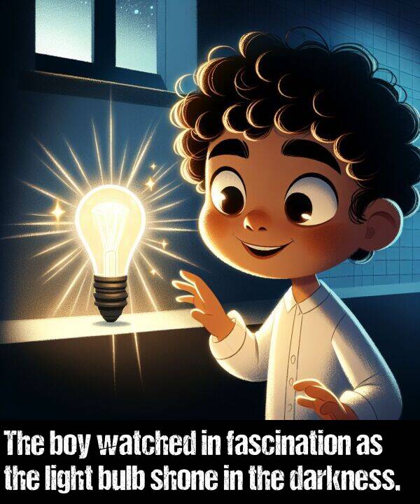 light: The boy watched in fascination as the light bulb shone in the darkness.