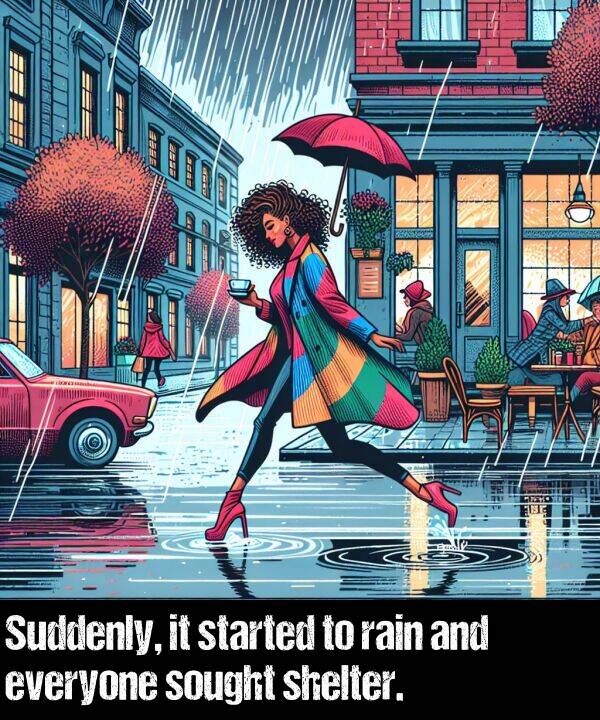 rain: Suddenly, it started to rain and everyone sought shelter.