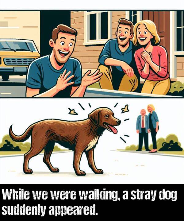 were: While we were walking, a stray dog suddenly appeared.
