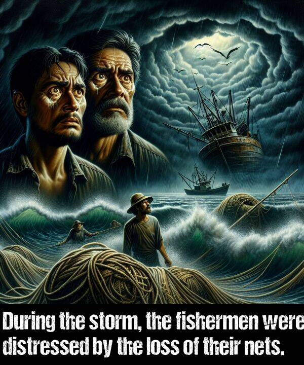 loss: During the storm, the fishermen were distressed by the loss of their nets.