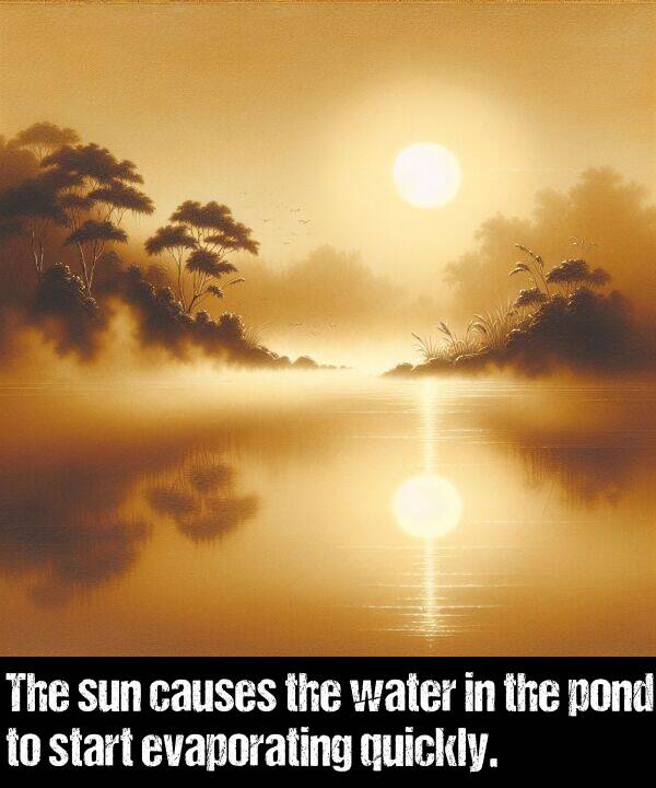 causes: The sun causes the water in the pond to start evaporating quickly.