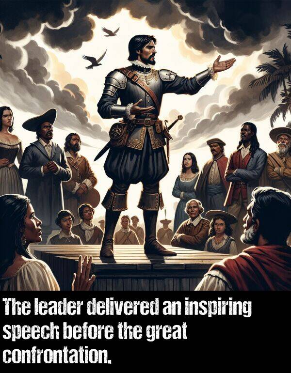 leader: The leader delivered an inspiring speech before the great confrontation.