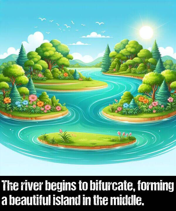 middle: The river begins to bifurcate, forming a beautiful island in the middle.