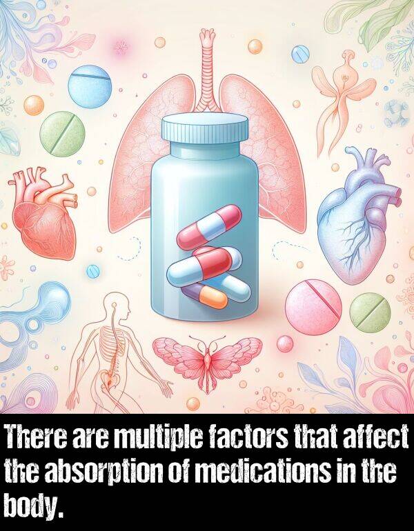 absorption: There are multiple factors that affect the absorption of medications in the body.