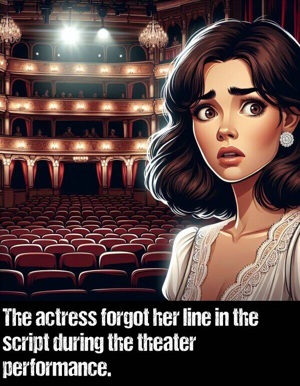 line: The actress forgot her line in the script during the theater performance.