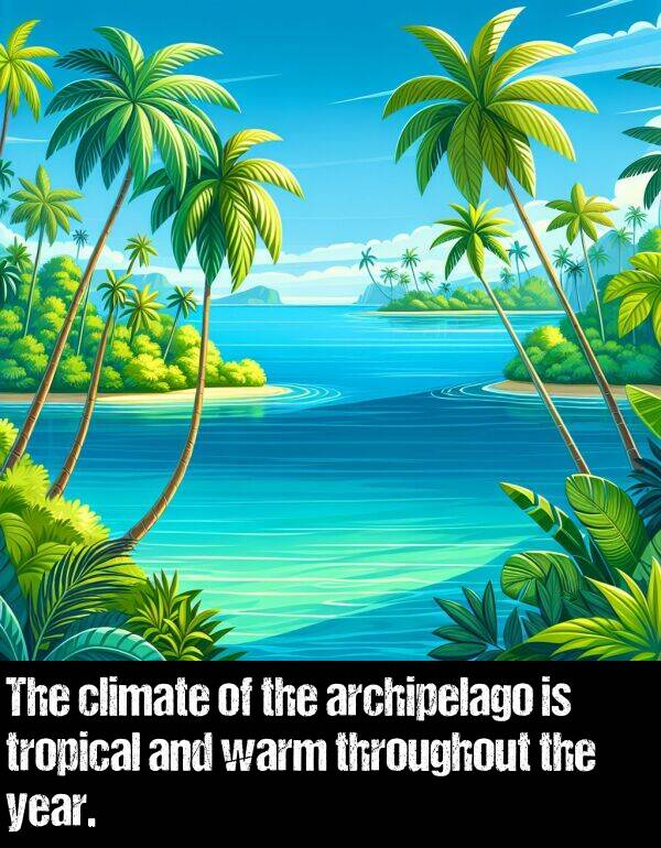 warm: The climate of the archipelago is tropical and warm throughout the year.
