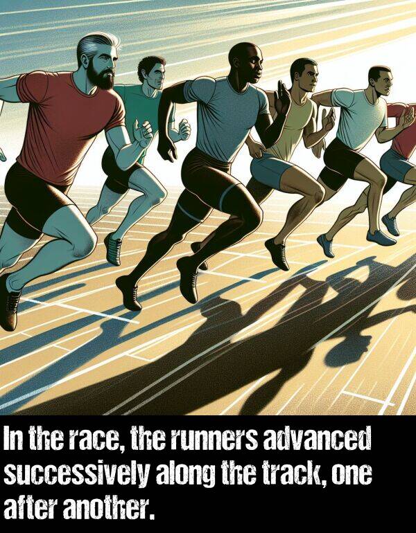 track: In the race, the runners advanced successively along the track, one after another.