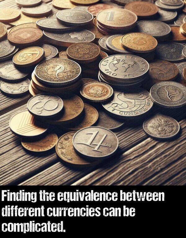 complicated: Finding the equivalence between different currencies can be complicated.