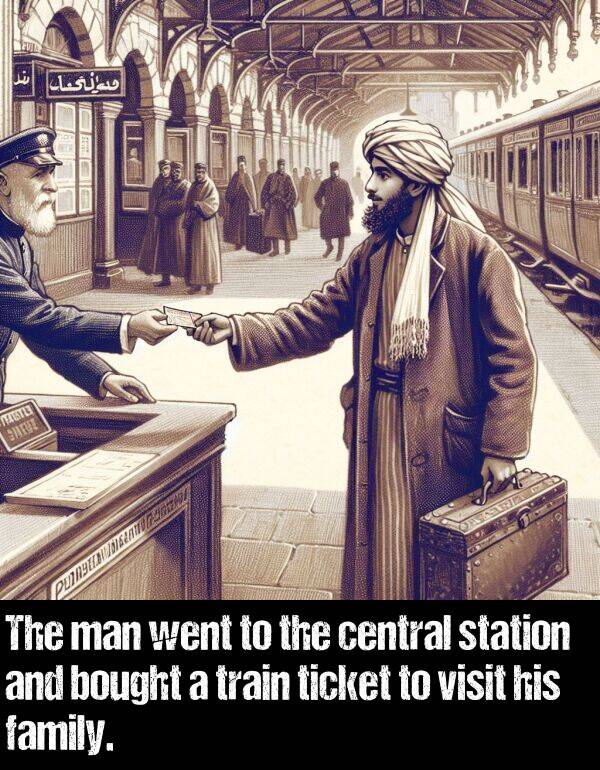 family: The man went to the central station and bought a train ticket to visit his family.