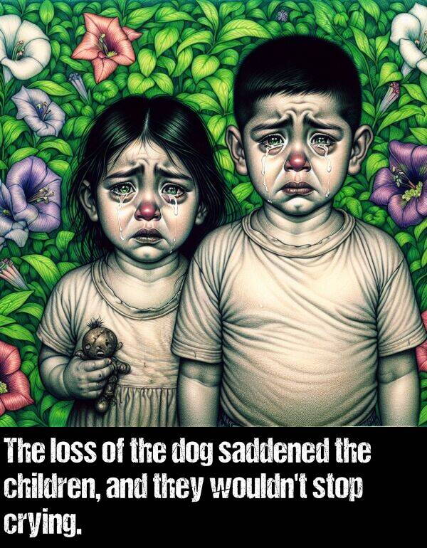 loss: The loss of the dog saddened the children, and they wouldn't stop crying.