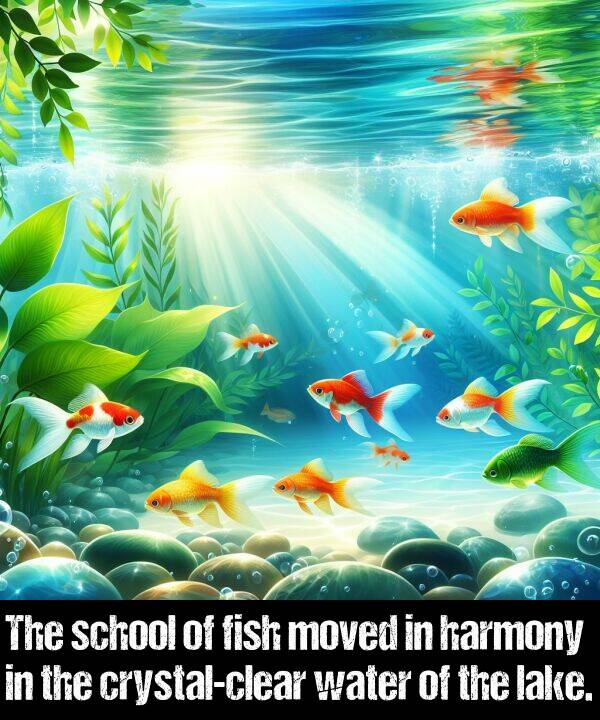 harmony: The school of fish moved in harmony in the crystal-clear water of the lake.