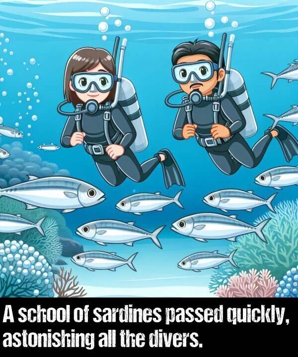 school: A school of sardines passed quickly, astonishing all the divers.