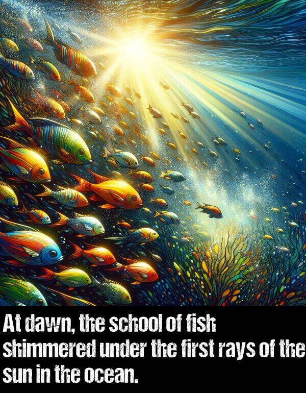 school: At dawn, the school of fish shimmered under the first rays of the sun in the ocean.