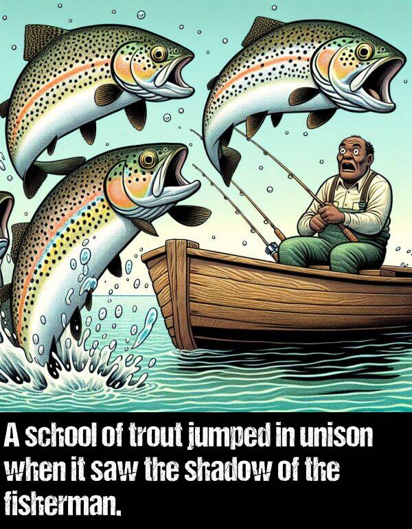 school: A school of trout jumped in unison when it saw the shadow of the fisherman.
