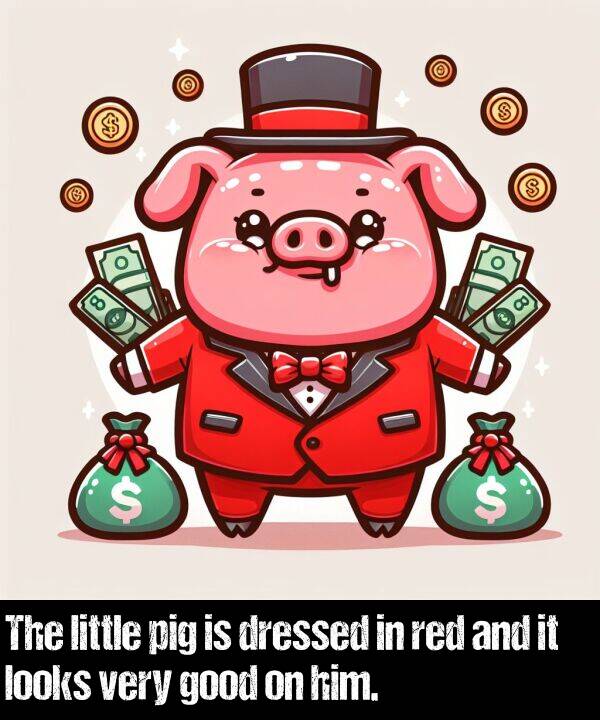 looks: The little pig is dressed in red and it looks very good on him.