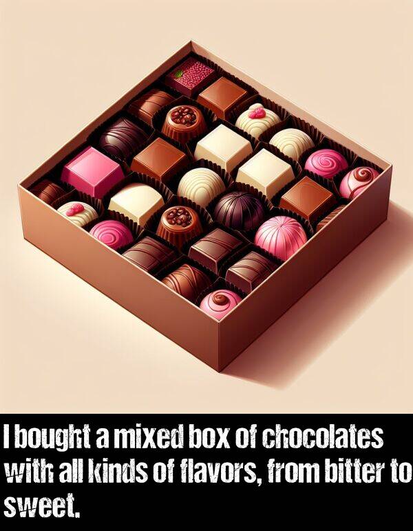 bitter: I bought a mixed box of chocolates with all kinds of flavors, from bitter to sweet.