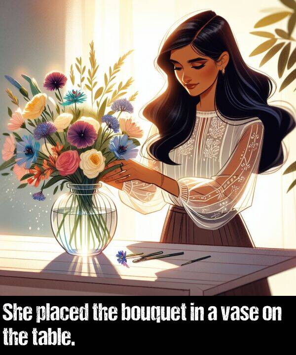 table: She placed the bouquet in a vase on the table.